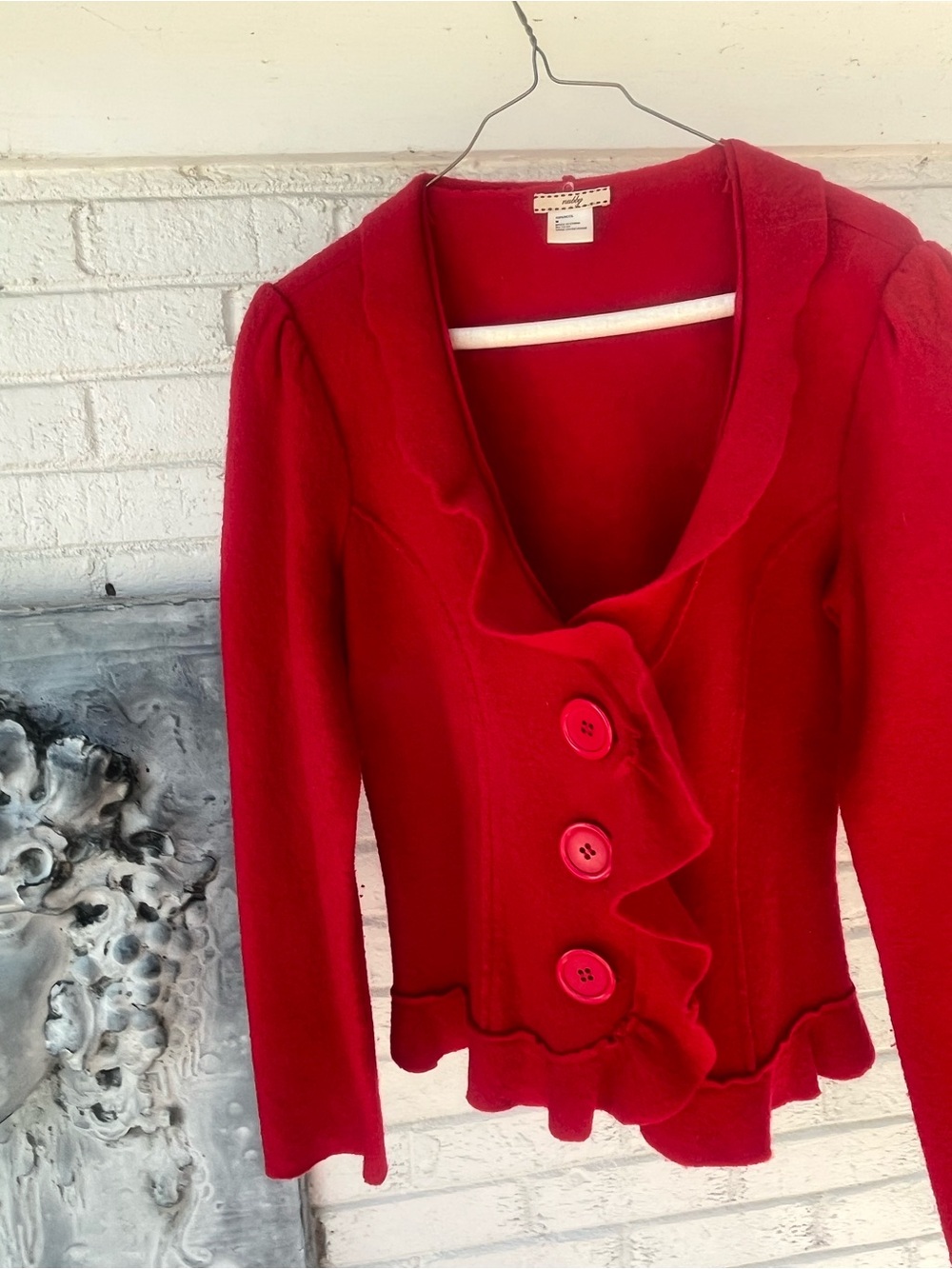 Ruby Rd Red 100% Wool Ruffle Cardigan Jacket M - Picture 3 of 7
